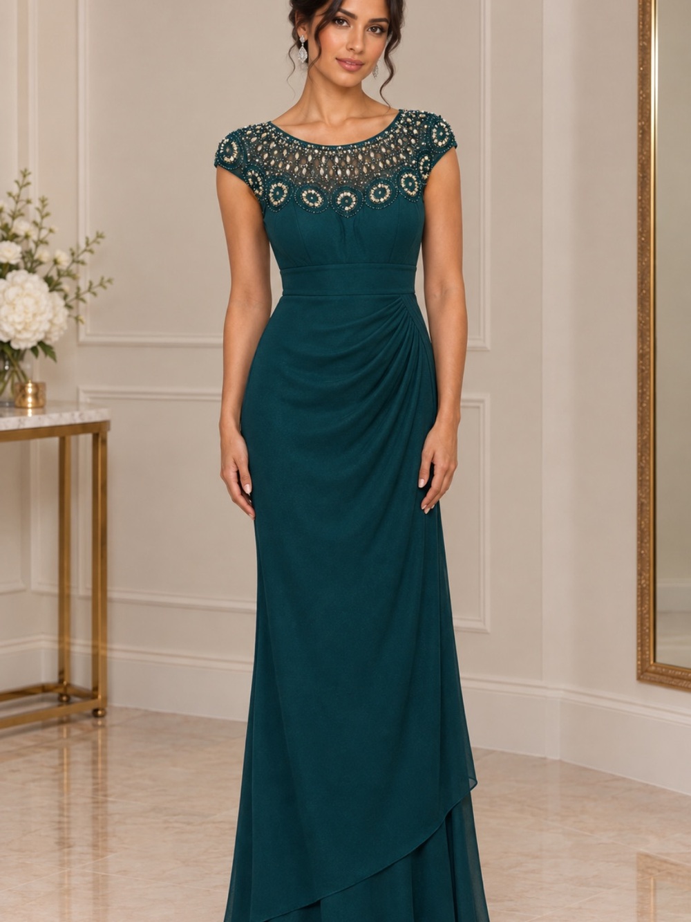 Xscape Teal Beaded Cap-Sleeve Maxi Dress